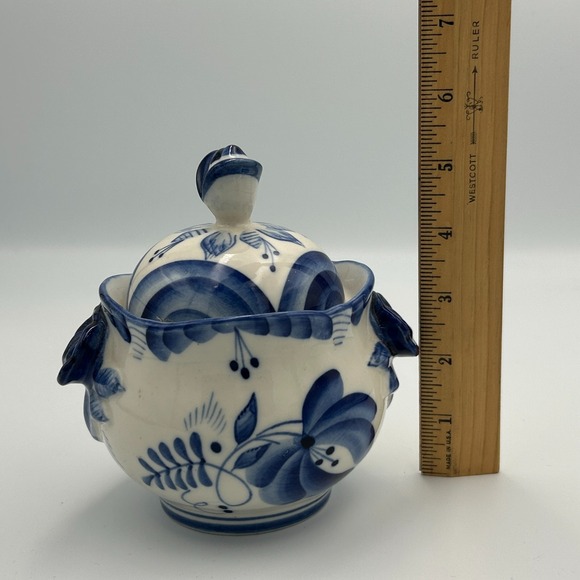 Russian GZHEL Porcelain Blue White Sugar Candy Bowl Lid Vintage Handmade Painted - Picture 13 of 13